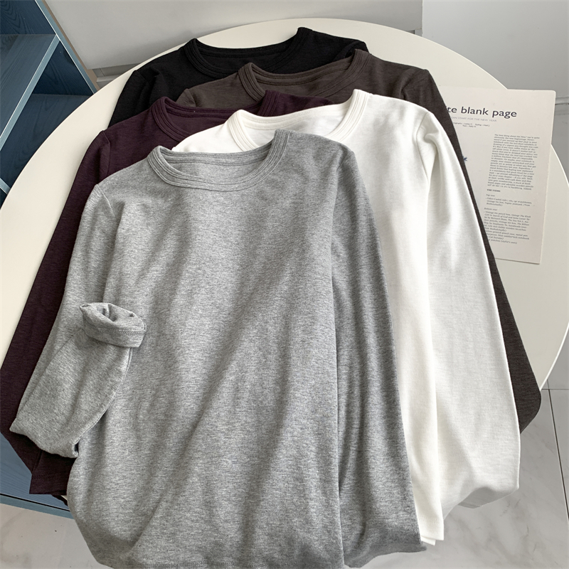 Korean Style Loose and Clean Double-Collar Long-Sleeved Mos Bamboo T-Shirt with Large Elasticity for Spring & Fall Inner Wear and Thin Outer Wear