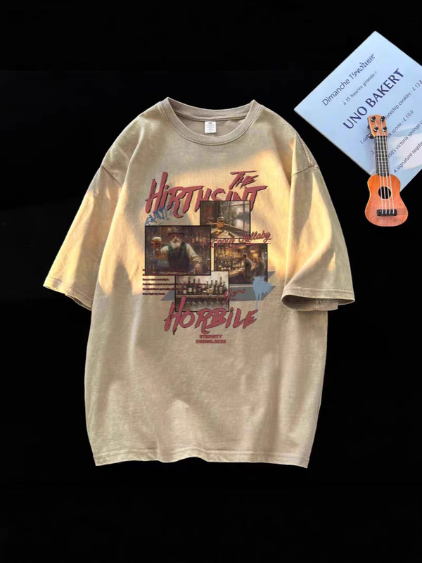 アメリカンヘビーウェイトピュアコットンウォッシュ加工ダメージ半袖Tシャツメンズ夏ルーズ半袖ハイストリートTシャツボトリングシャツトレンディブランド|undefined