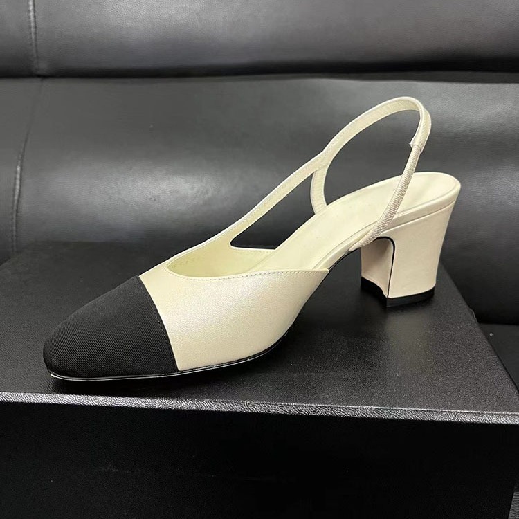 Super Classic Spring and Summer Thick-Heeled Sheepskin Color-Blocked Back Strap Sandals Square-Toe Shallow High-Heeled Shoes for Women