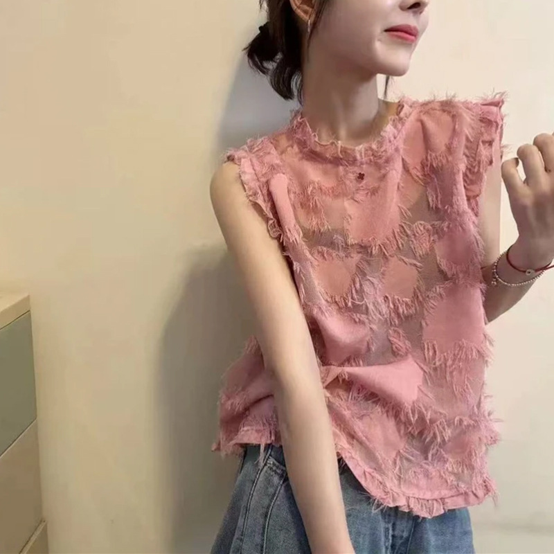 新中式无袖T恤上衣薄款女士洋气纯色木耳边小衫百搭休闲打底衫女|undefined