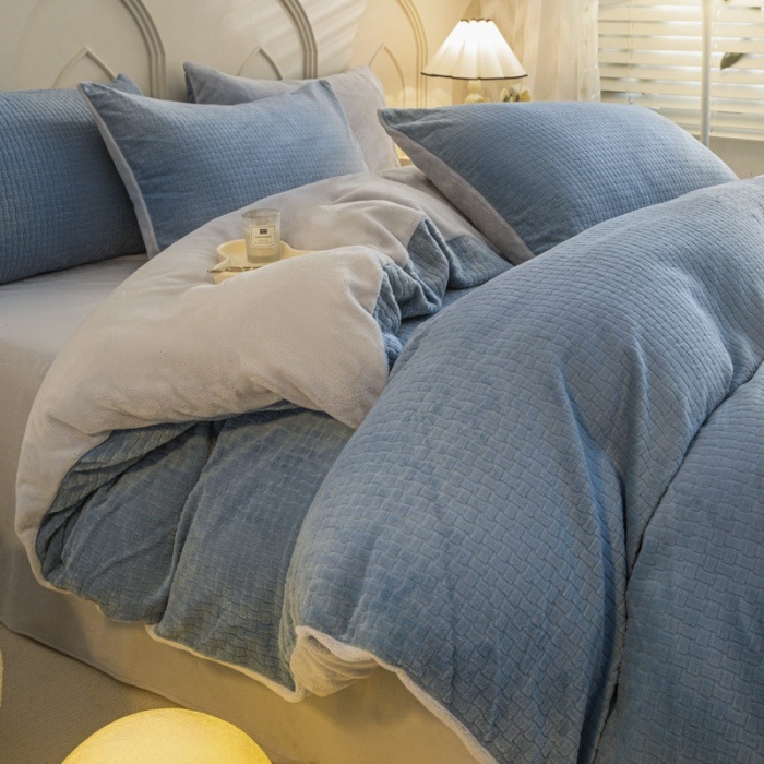 厚いワッフルミルクの毛の4つのセットの3dの立体の彫刻の冬の宝の宝の毛の3つのセットのシーツのベッドの笠の金