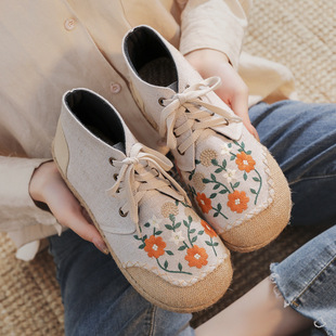 2021 new autumn and winter embroidered linen casual shoes ethnic style mid-top ankle boots stitching lace-up craft cloth shoes