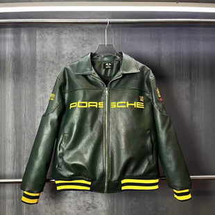 F1 Embroidered Racing Suit Spring and Autum Men's Stand Collar Stripesd Zipper Pu Leather Jacket Large Size Motorcycle Leather Jacket