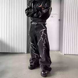 2025美式高街闪电纹刺绣牛仔裤男春秋潮牌hiphop宽松直筒痞帅阔腿