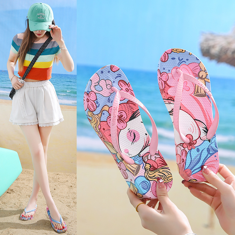 Flip-flops Women's Summer Outer Wear Fashionable Seaside Beach New Mid-heel Non-slip Soft Bottom Cute Cartoon Flip-flops