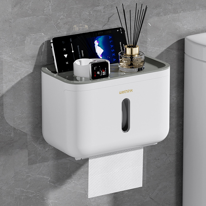 バスルームティッシュボックス家庭用壁掛け防水ティッシュボックストイレパンチフリーロールペーパーボックスバスルームティッシュラック|undefined