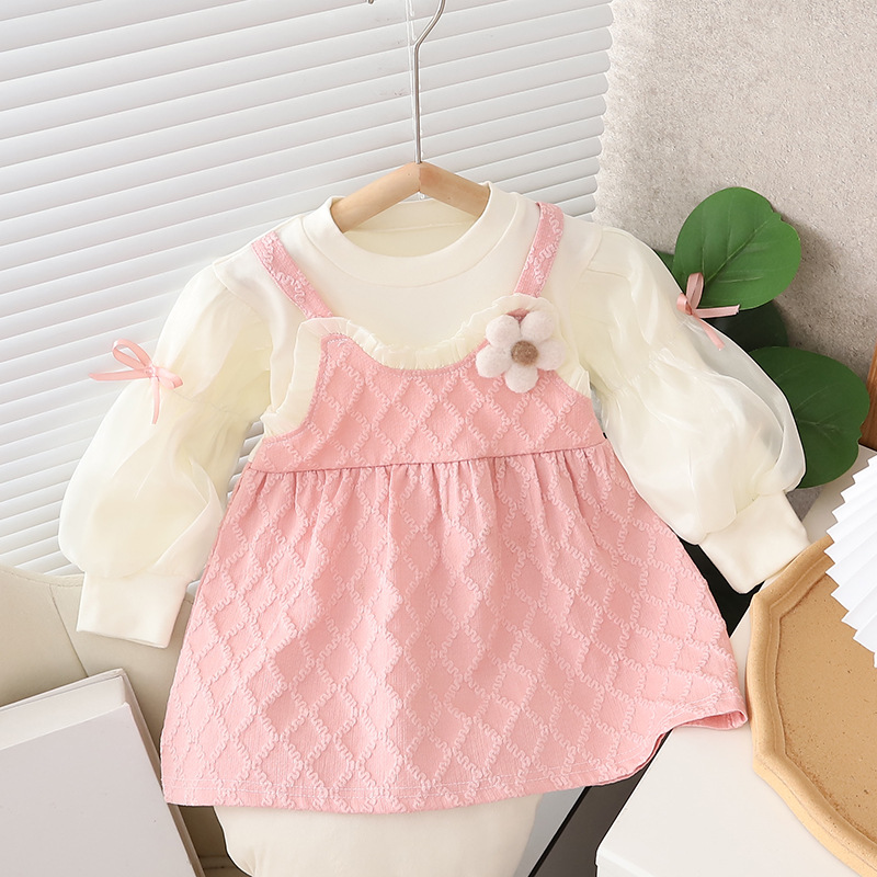 Oferta especial, ropa para niños, vestido de manga larga para niñas, otoño, nuevo estilo, vestido de princesa para bebés, vestido falso de dos piezas para niñas pequeñas