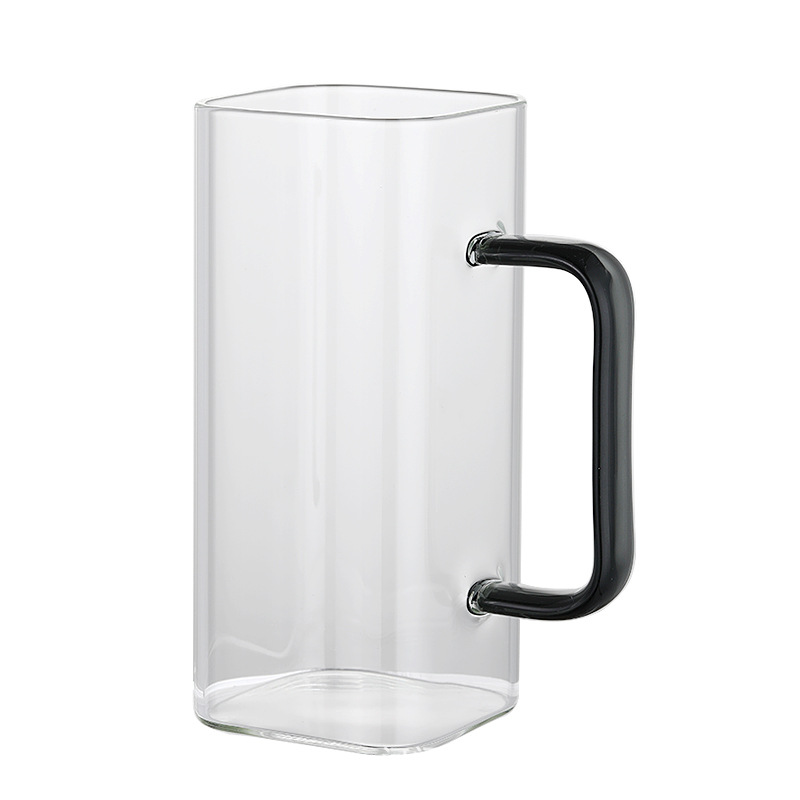 Taza cuadrada de vidrio al por mayor con asa de color, taza para té de flores, taza para jugo y leche de pared recta con asa, taza para preparar té, taza para agua, alto borosilicato.
