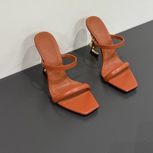 Ys25 Spring New Style Square Toe Open Toe One-Line Hollow Heel Shoes for Women French Patent Leather Sexy Letter Heel Sandals for Women