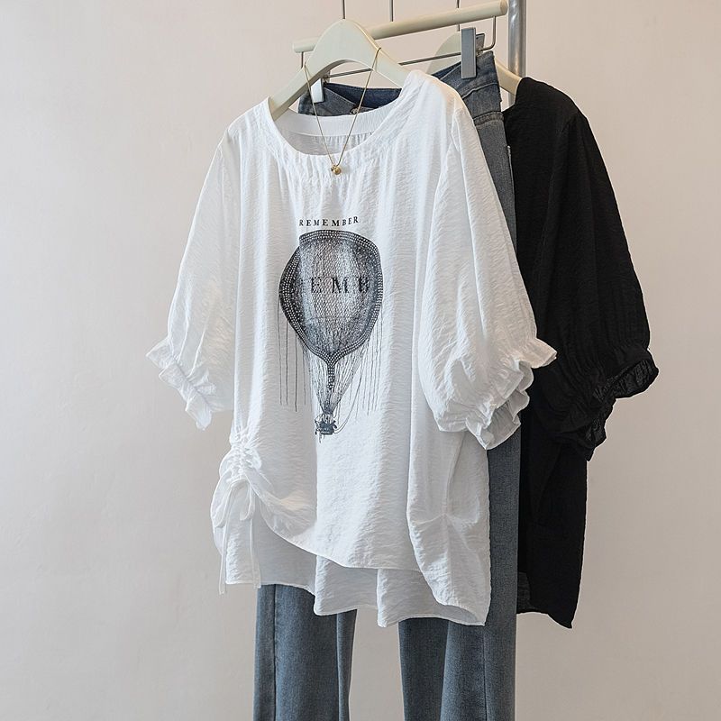 Plus-Size Ice Silk Printed Drawstring Puff Sleeve T-Shirt for Women, New Summer Style, Loose Fit, Slimming, Fashionable Short-Sleeve Top