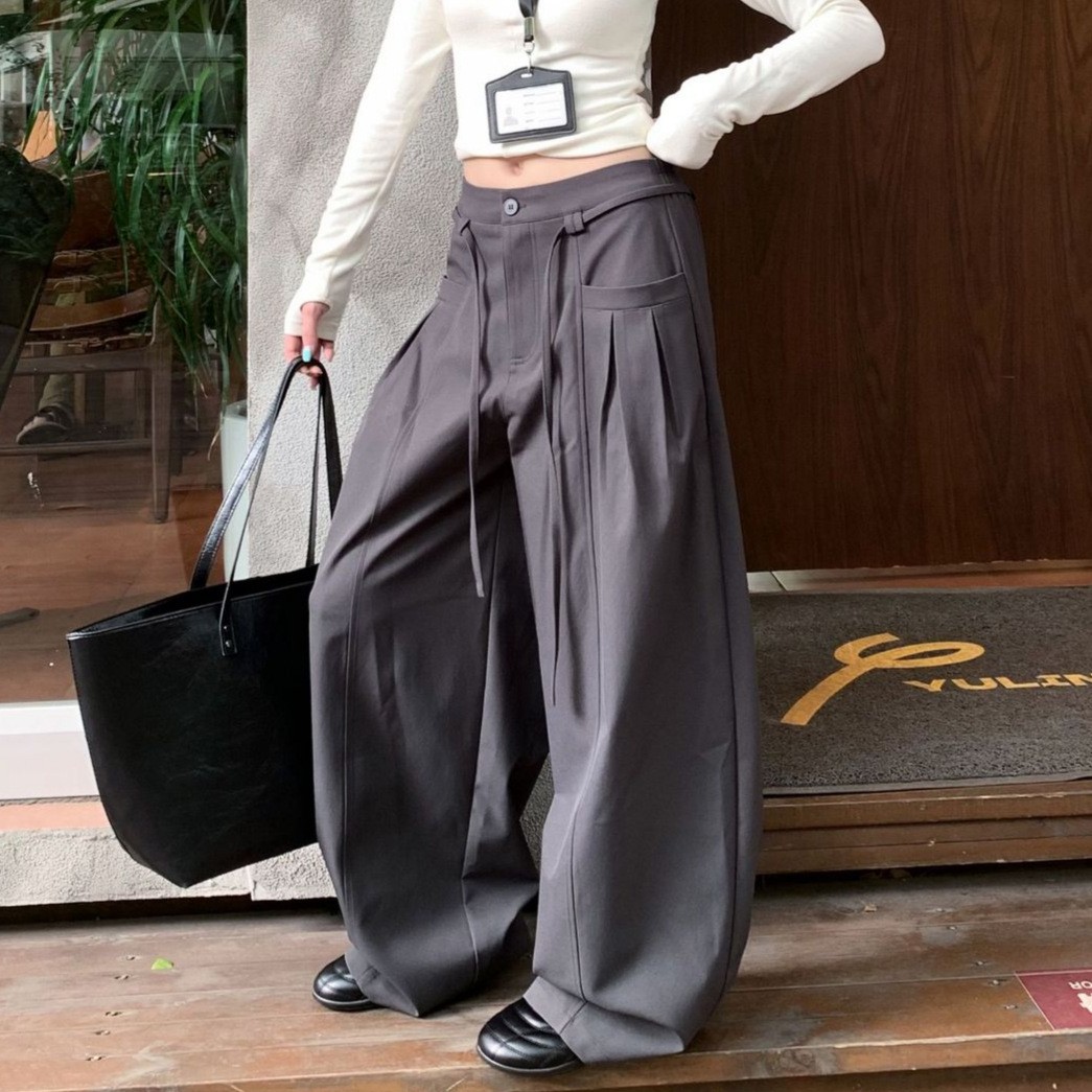 美式灰色弯刀阔腿工装裤女2026春秋季新款抽绳高腰宽松运动休闲裤