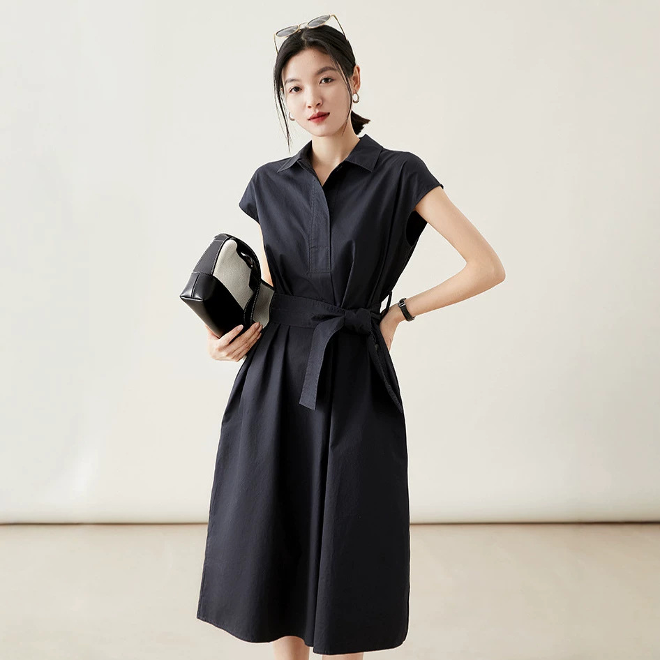 Đầm suông midi cổ polo tay ngắn phong cách Pháp — đen chi tiết 5