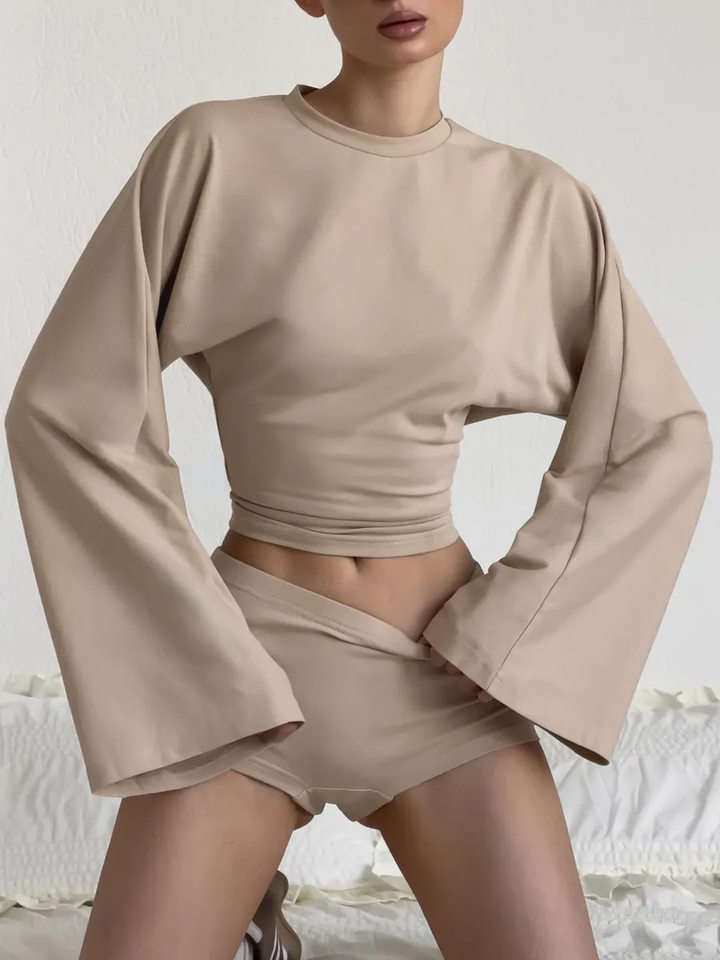 Áo thun nữ dệt kim dài tay cánh dơi dáng ngắn chiết eo xếp ly phong cách công sở — Màu hồng, Màu kaki, Màu trắng, Xanh tím than chi tiết 48