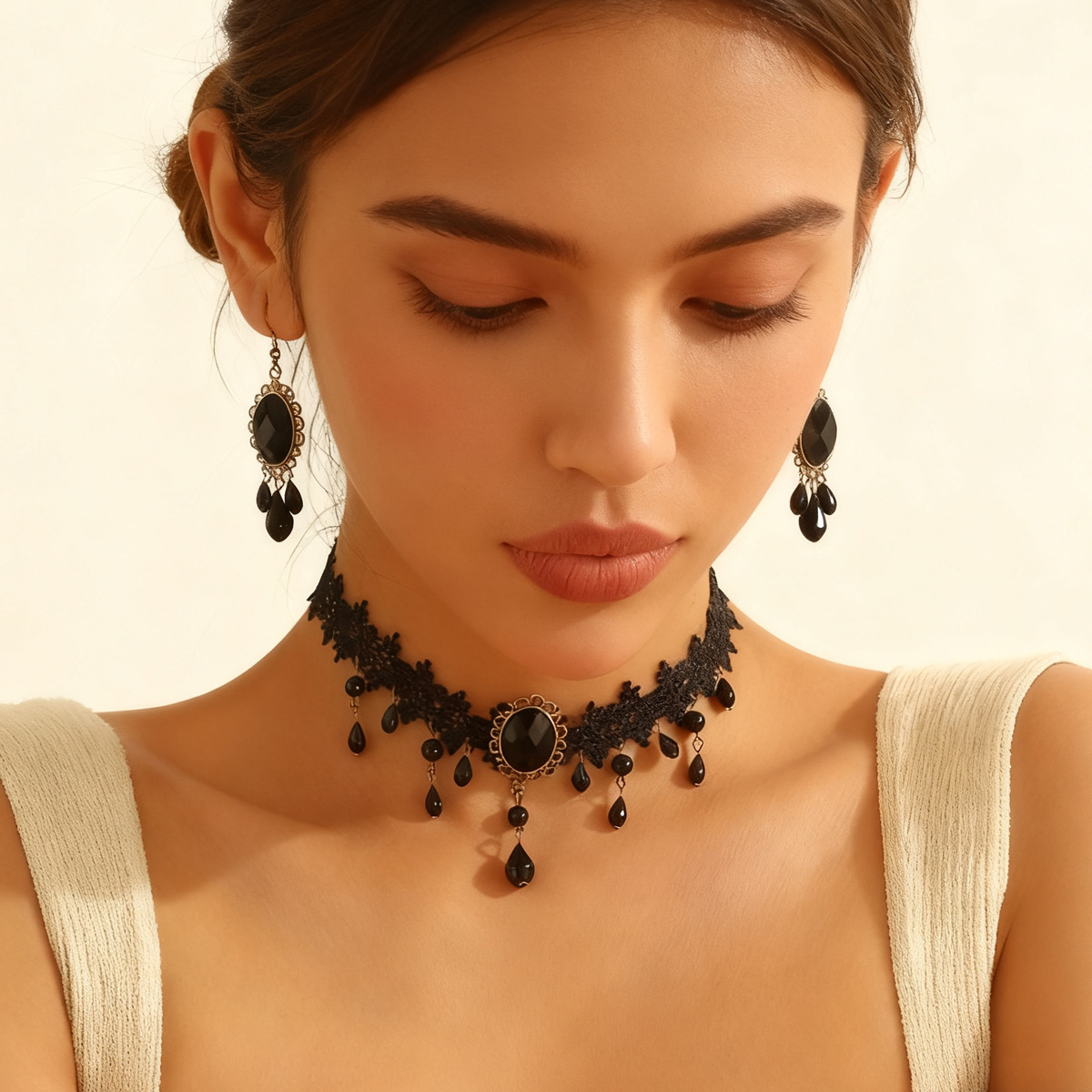 European and American Cross-Border Popular Accessories Retro Black Lace Gothic Clavicle Chain Women's Lace Necklace Earrings Set