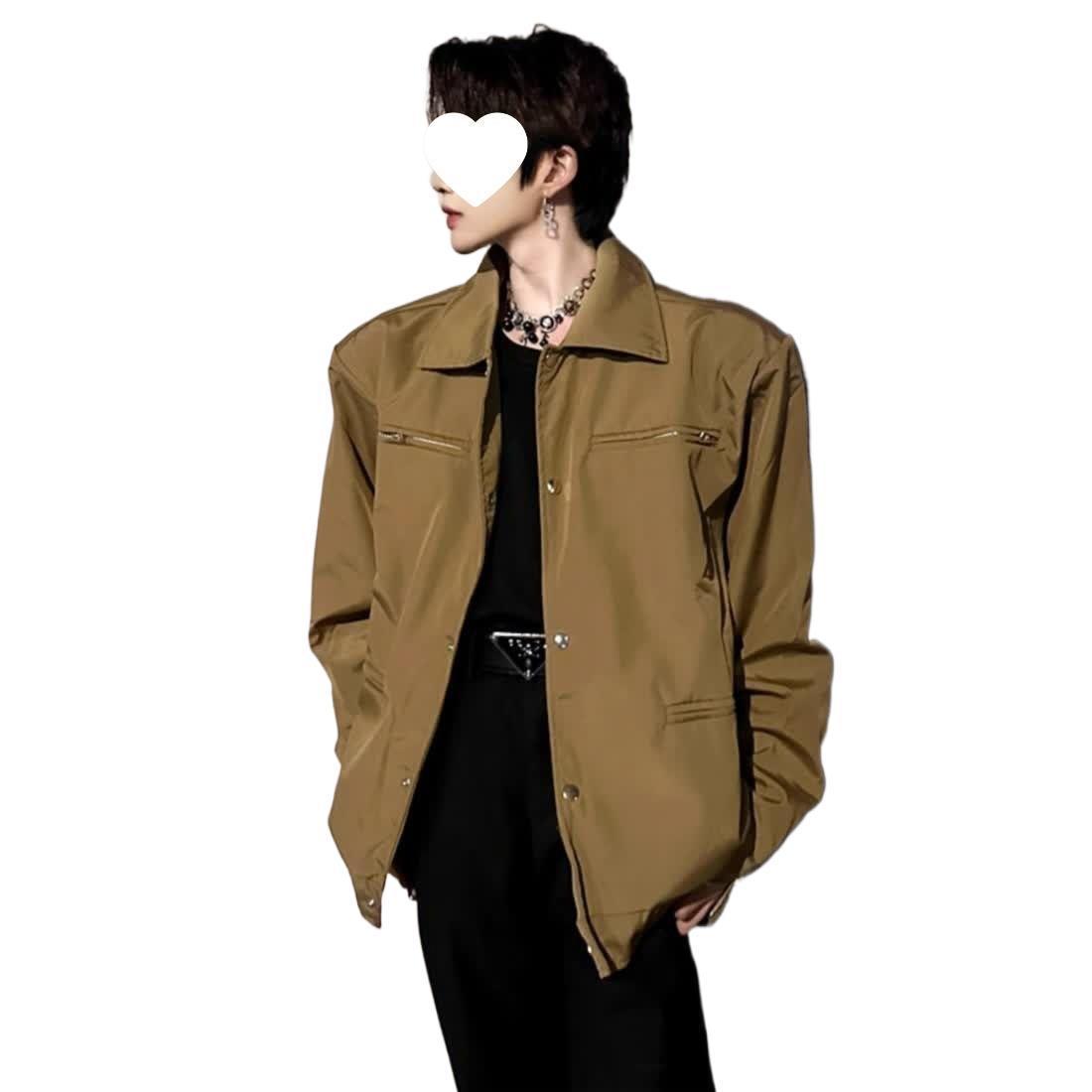 남성용 모델 착용 세트 짧은 어깨 패드 재킷 하이 엔드 느낌의 새로운 스타일 핸섬 작업 재킷 소년 멋진 핸섬 착용 3 피스 세트