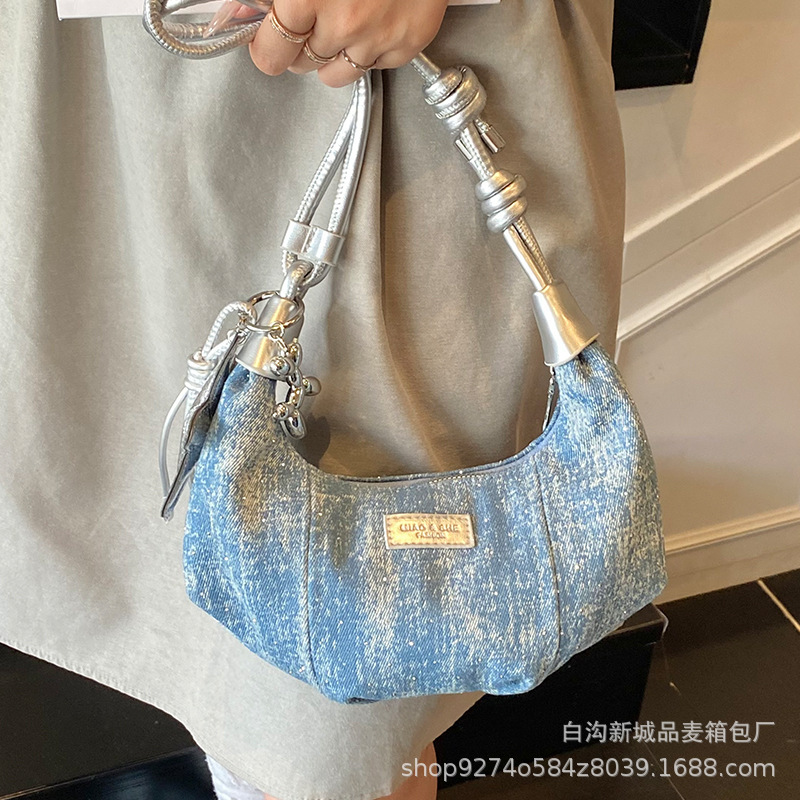 韓国風デニム餃子バッグ 2025 新しいファッション多用途ショルダークロスボディバッグカジュアルニッチデザインクロワッサンバッグ|undefined