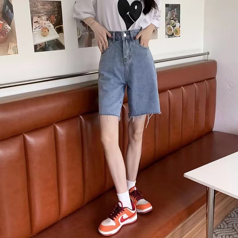 Hong Kong Style Vintage Denim Shorts Women's Summer High Waist Loose Trendy Brand Japanese and Korean Light Color Large Size Five-Fit Medium Pants