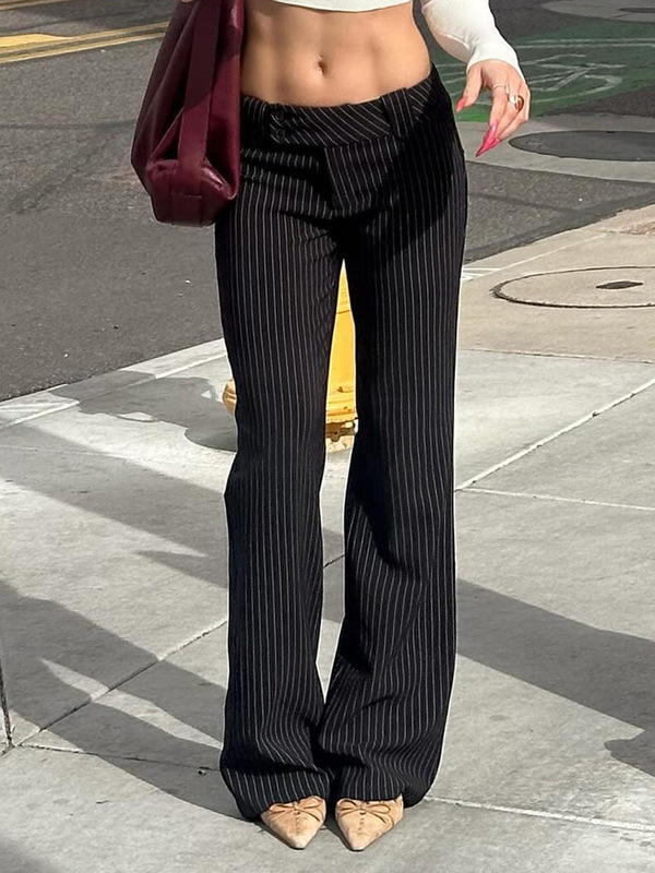 跨境欧美条纹拼色高腰修身微喇裤辣妹街头时尚个性百搭显瘦长裤|undefined