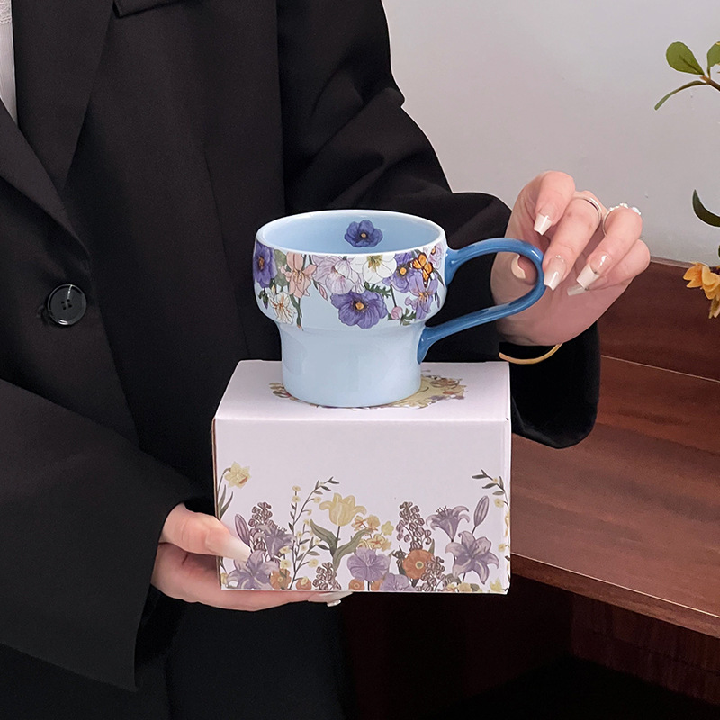 Taza de cerámica de flores taza de desayuno de avena tazón de calentamiento de leche flor brocade taza de café plato tazón