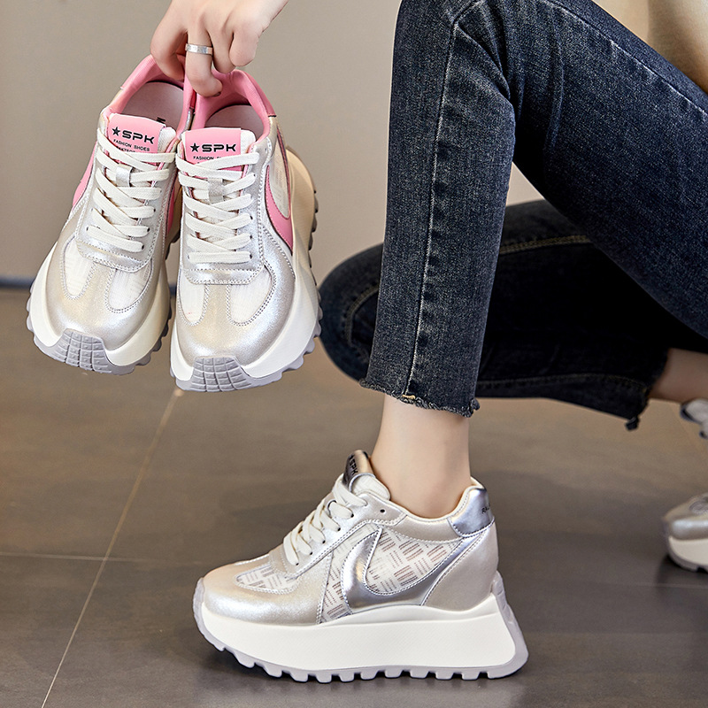 Ins Dad Shoes for Women 2026 Spring New Style with 8cm Hidden Height Increase Genuine Leather Versatile Thick-Soled Platform Casual Shoes