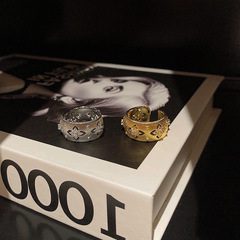 中古風vintage高級質感閃鑽花印復古拉絲寬版戒指小眾輕奢食指戒