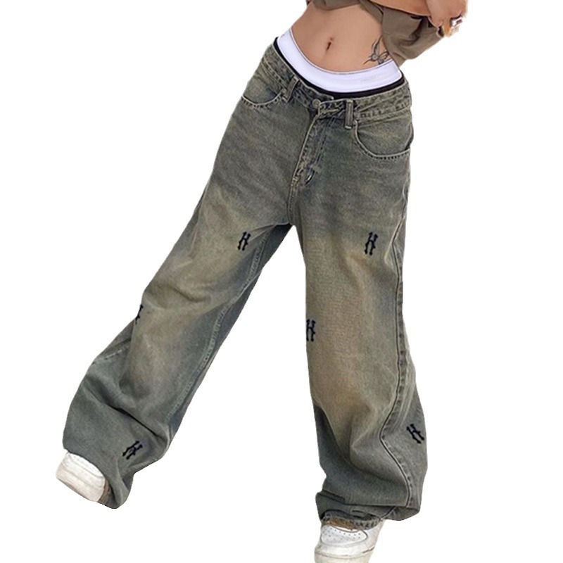Hip Hop Style Low Waist Retro Old Print Simple Letter Jeans Street Loose Casual Wide Leg Pants Trousers Women_voghion.com