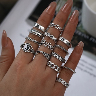 Europe and the United States cross-border hot-selling personalized retro fashion ring Yin and Yang relief elephant geometric ring 14-piece set