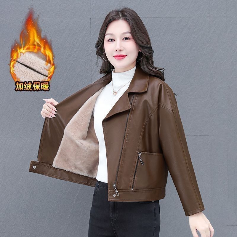 海宁pu皮短款皮衣女2025秋冬款加绒皮夹克百搭洋气显瘦加厚小外套