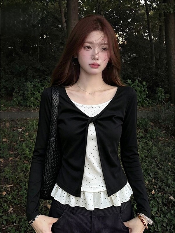 【1*1 260g Modal】Twisted Knot Fake Two-Piece Long Sleeve T-Shirt for Women, Autumn Polka Dot Lace Inner Top 【1*1 260g Modal】Twisted Knot Fake Two-Piece Long Sleeve T-Shirt for Women, Autumn Polka Dot Lace Inner Top