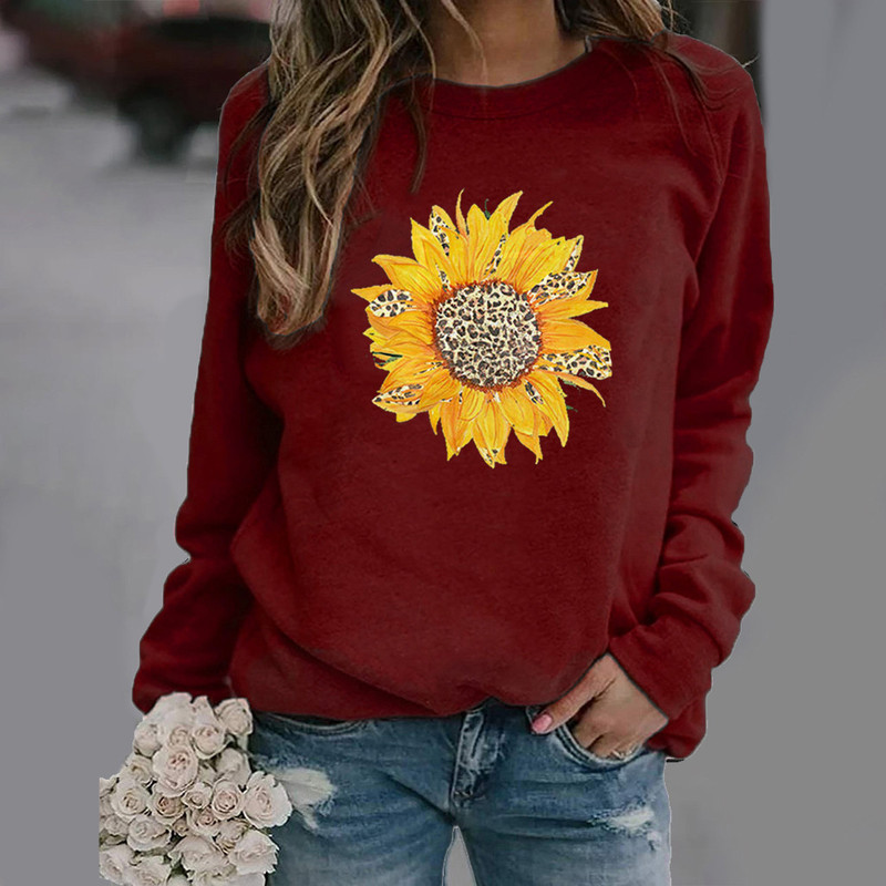 Ebay Wish Independent Site Sunflower Pattern Printed Long-Sleeved Round Neck Sweatshirt for Women White Pink