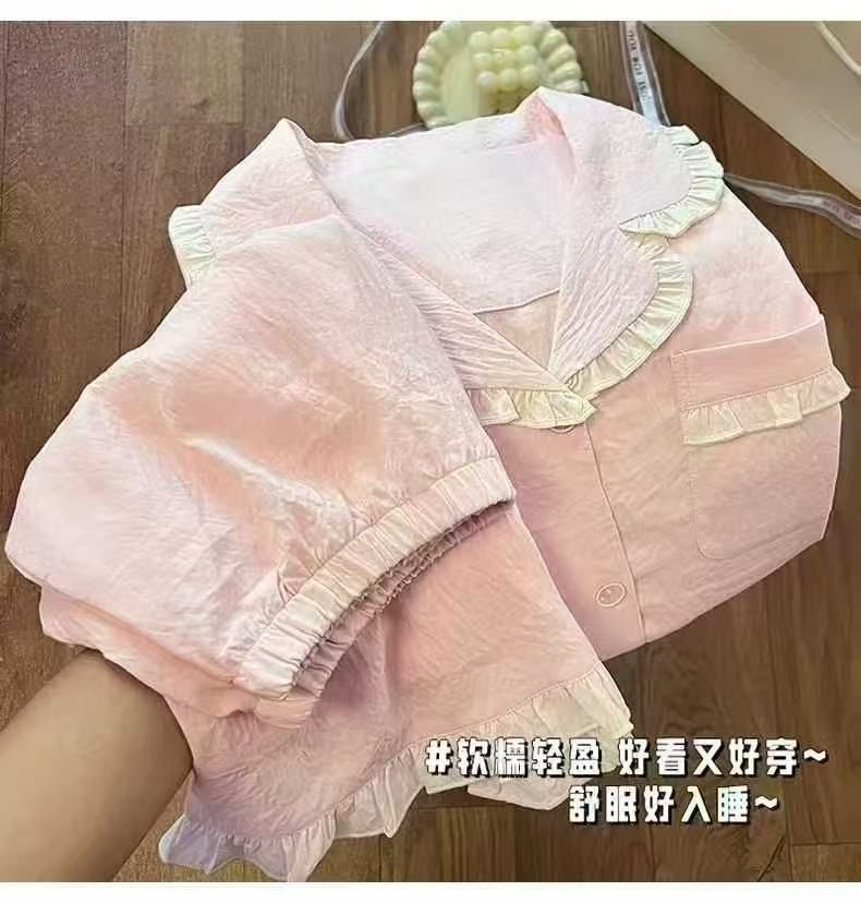 Al por mayor transfronterizo de verano de lótus nubes de algodón pijama con solapa cardigan de mangas cortas pantalones cortos trajes de ropa para el hogar