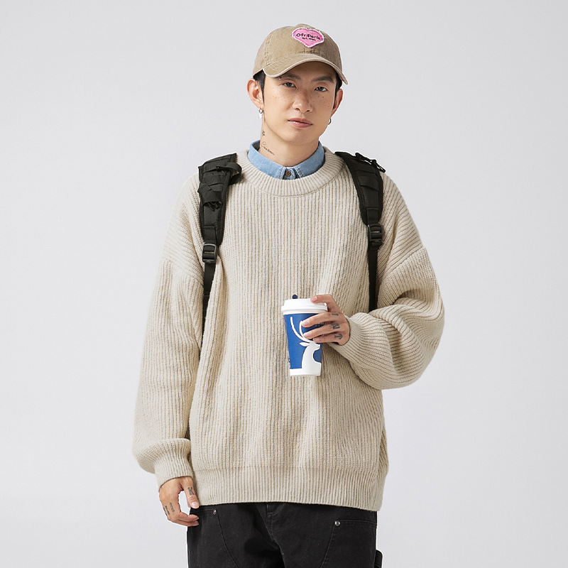 Heavy Thick Needle Pit Texture Sweater Men's Autumn and Winter Basic Solid Color Loose Round Neck Sweater Sweater Jacket Heavy Thick Needle Pit Texture Sweater Men's Autumn and Winter Basic Solid Color Loose Round Neck Sweater Sweater Jacket