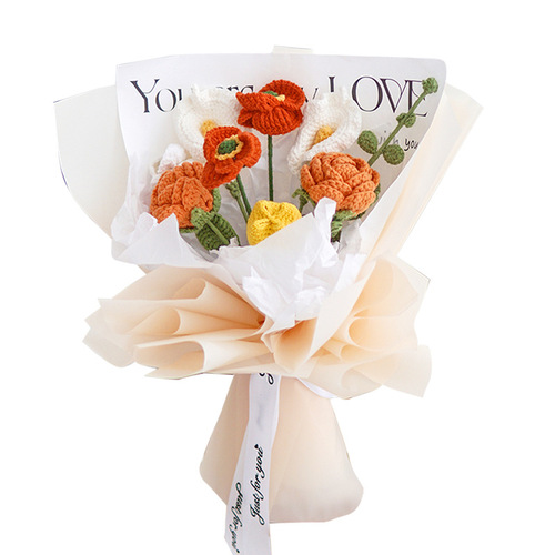 Hot selling new hand-crocheted poppy everlasting flower combed cotton artificial flower holiday gift small bouquet wholesale