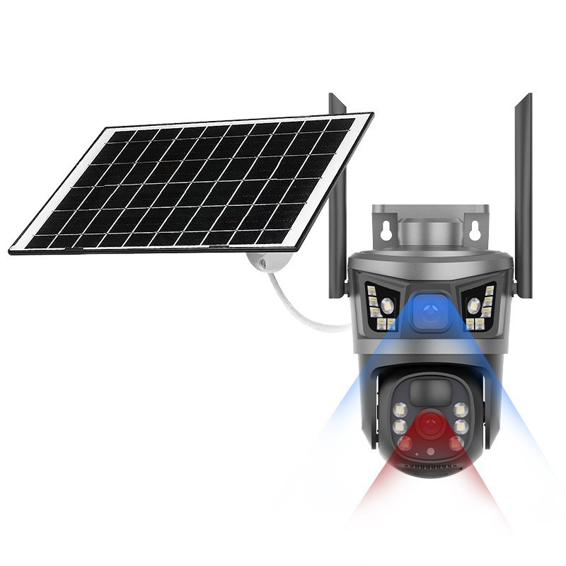 Cámara inteligente panorámica 4G solar, tres lentes, bajo consumo de energía, monitor de voz bidireccional para exteriores, venta caliente transfronteriza