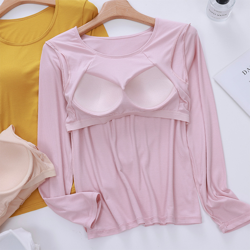 Women's Rib Long-Sleeved Top with Chest Pad Round Neck Thin Solid Color Fixed Cup Wear-Free Bra Base Shirt Slim-Fit Women's Rib Long-Sleeved Top with Chest Pad Round Neck Thin Solid Color Fixed Cup Wear-Free Bra Base Shirt Slim-Fit
