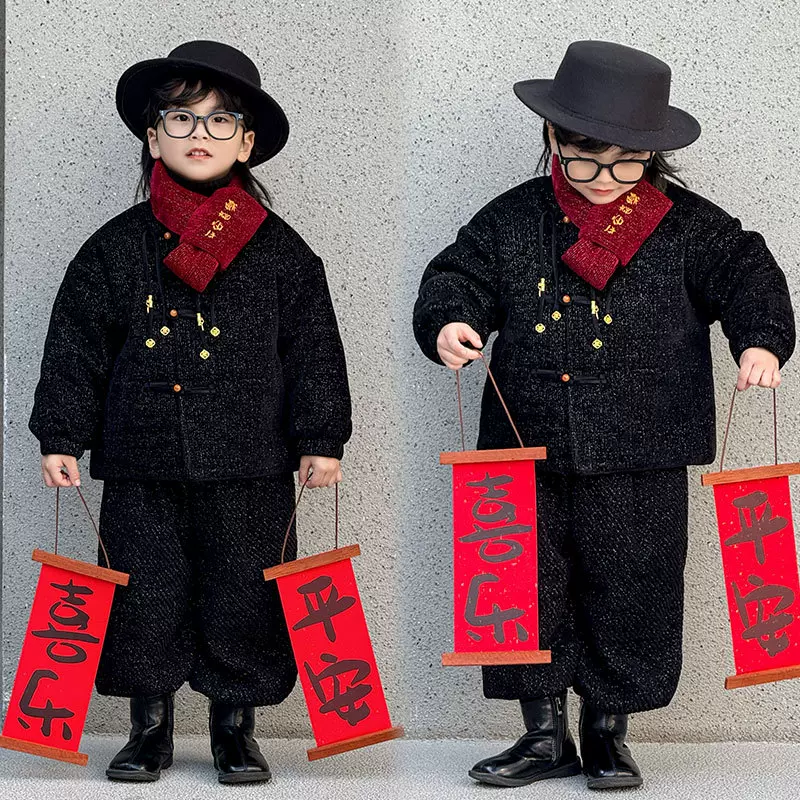 儿童套装2024新款冬季加绒亮闪外套男童中式拜年服童装一件代发