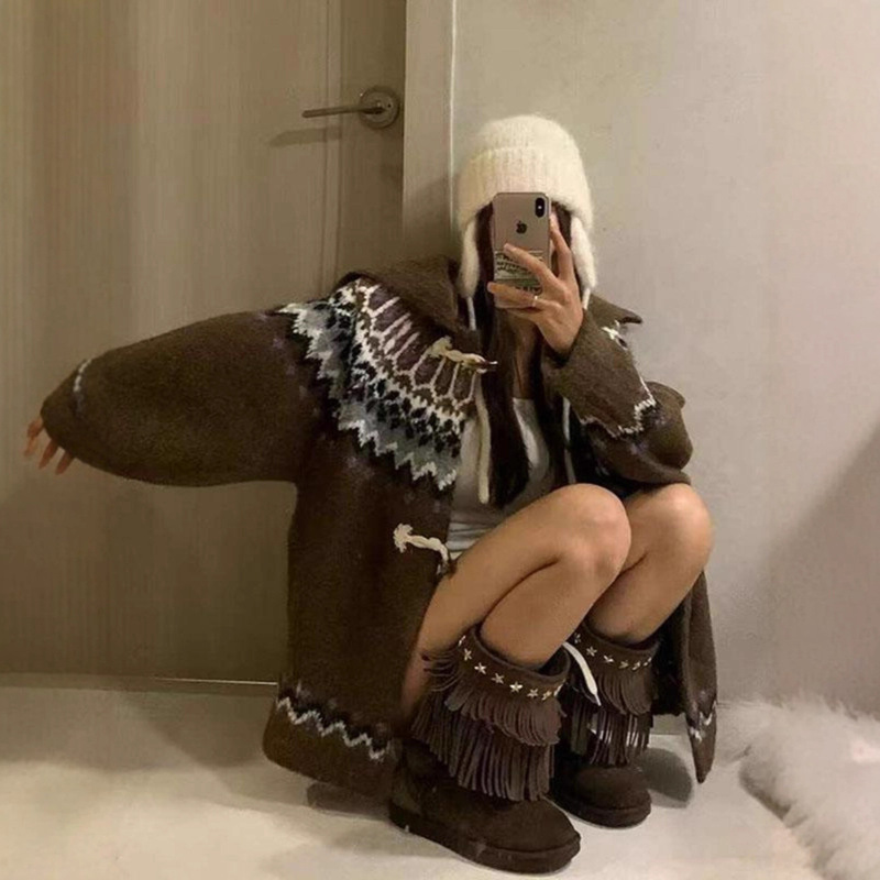 灰色费尔岛牛角扣连帽针织毛衣外套女秋冬慵懒风加厚开衫上衣冬季|undefined