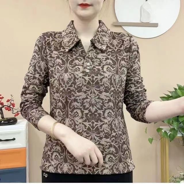 2025春秋装新款长袖打底衫妈妈装洋气上衣翻领显瘦时尚百搭小衫女
