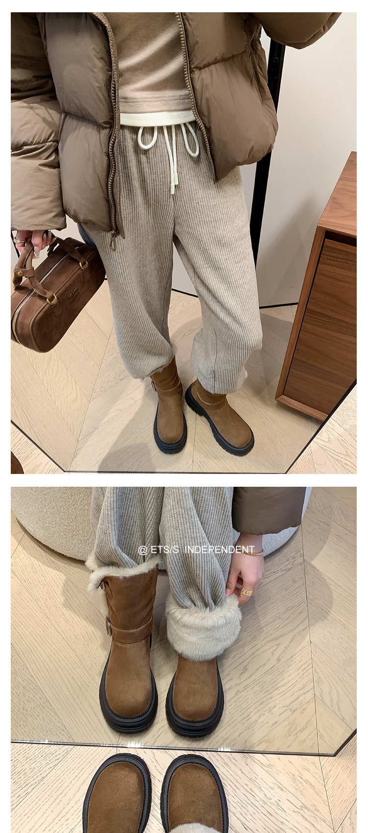 Boot nữ đế dày khóa kim loại da lộn, kiểu hai lớp gấp, lót bông giữ ấm, cổ ngắn — màu đen chi tiết 15