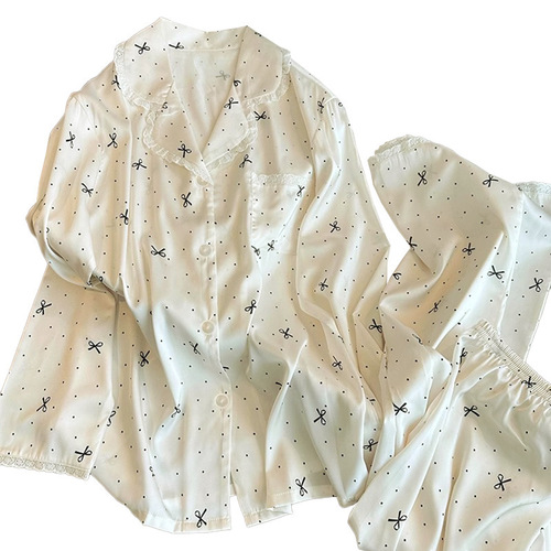 French light luxury high face value ins bow knot dot gold style ice silk lace long sleeve pants pajamas wholesale