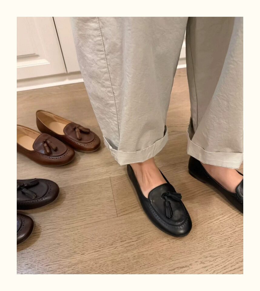 Giày lười nữ da bò mũi tròn tua rua cổ thấp đế bệt — Màu nâu, Màu nâu cà phê, màu đen chi tiết 3