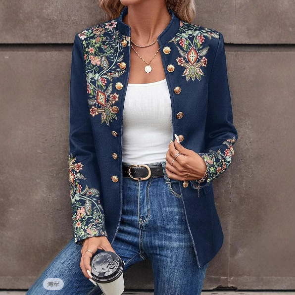 2024跨境亚马逊欧美秋冬新款女装外套印花小西装时尚双排扣大衣女