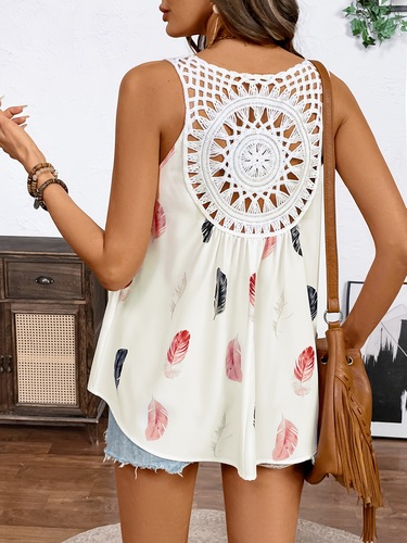 Amazon Bestseller Extended V-Neck Blouse with Feather Shadow Print Lace Cut-out Women's Vacation Sleeveless Top