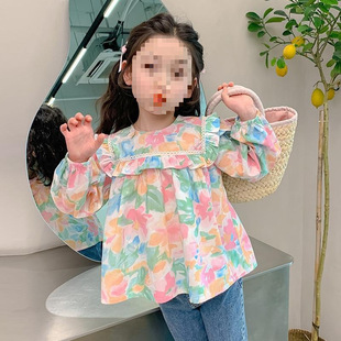 [1703 People Praise] Girls Pure Cotton Shirt Long-Sleeved 2025 Spring and Autum New Style Floral Top for Kidsren