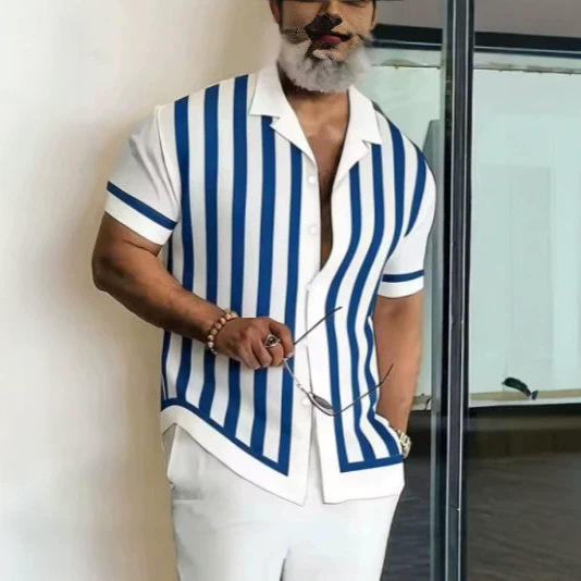 Men's Short-Sleeved Button-Down Shirt, Geometric Stripes 3D Printed Business Casual Style Summer Vacation Short-Sleeved Shirt Men's Short-Sleeved Button-Down Shirt, Geometric Stripes 3D Printed Business Casual Style Summer Vacation Short-Sleeved Shirt