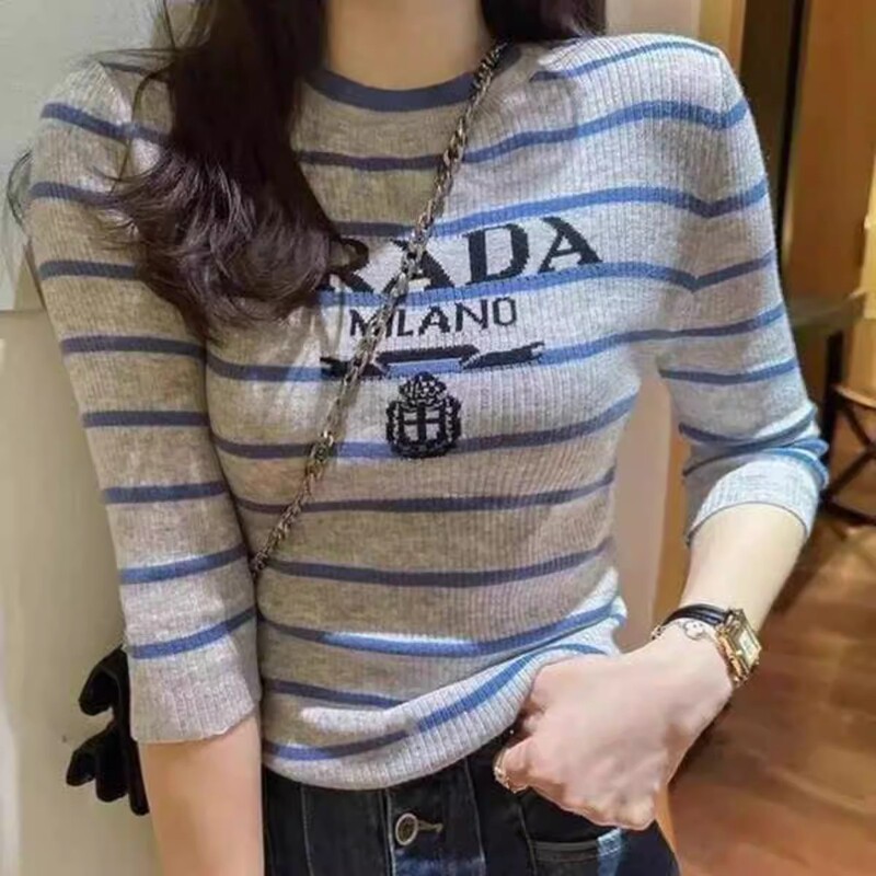 圆领字母条纹针织衫女春夏秋款时尚百搭修身显瘦内搭中袖针织毛衣|undefined
