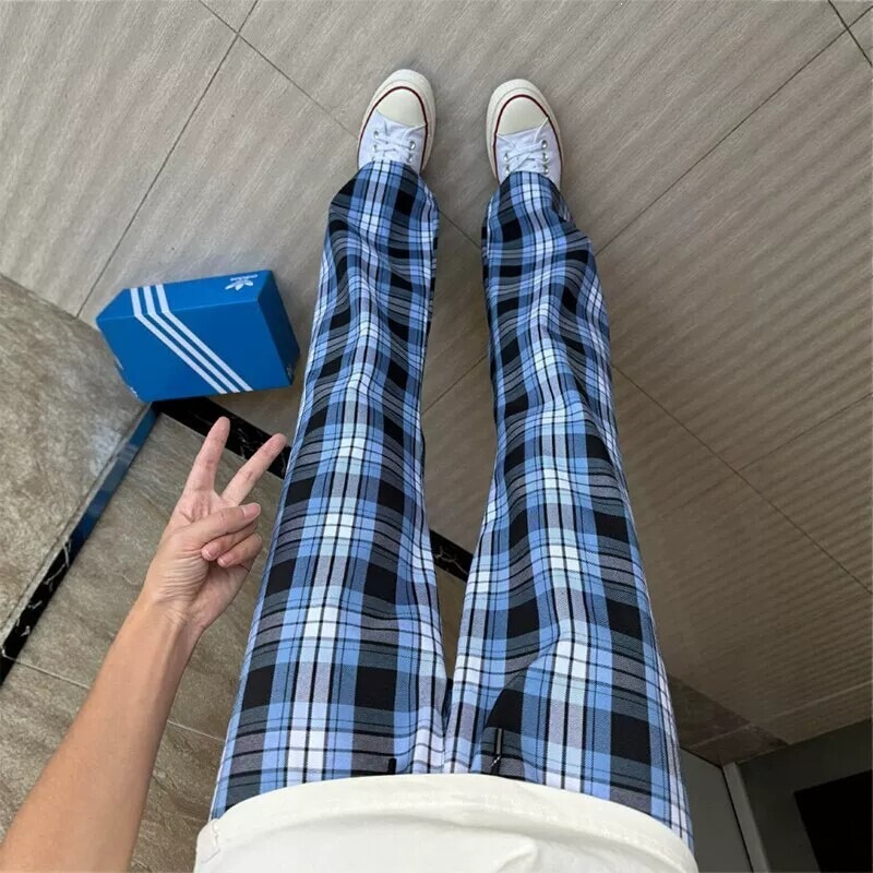 Hong Kong Style Trendy Plaid Pants for Men and Women, Summer Thin American-Style Sports Fitness Pants, Slim Straight-Leg Flared Casual Pants Hong Kong Style Trendy Plaid Pants for Men and Women, Summer Thin American-Style Sports Fitness Pants, Slim Straight-Leg Flared Casual Pants