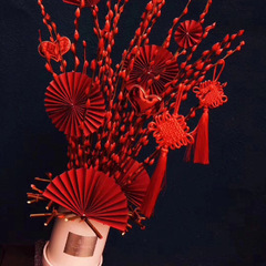 新年招財貓擺件花藝摺扇中國風開業花籃裝飾創意花店花束扇子包裝