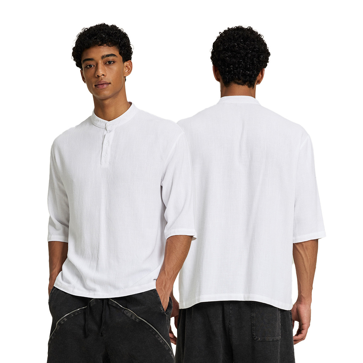 ETAI Hombre| Marca de moda nueva camiseta de hombre de manga corta suelta de verano transpirable de lino y algodón de collar vertical image 6