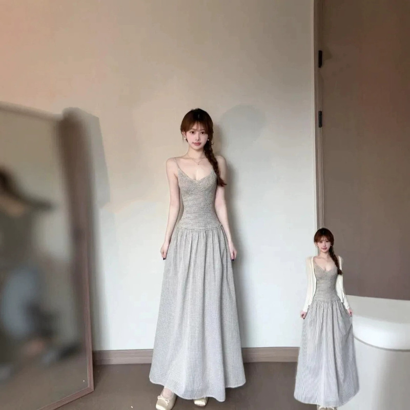 【Original Fabric】French-Style Two-Piece Set with a Cool Vibe, Plaid Strap Dress, Long Skirt Paired with a Thin Sun-Protective Cover-Up
